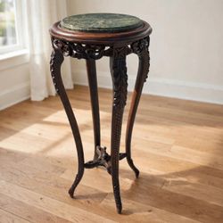 Antique Carved Wood Pedestal Table with Marble Top