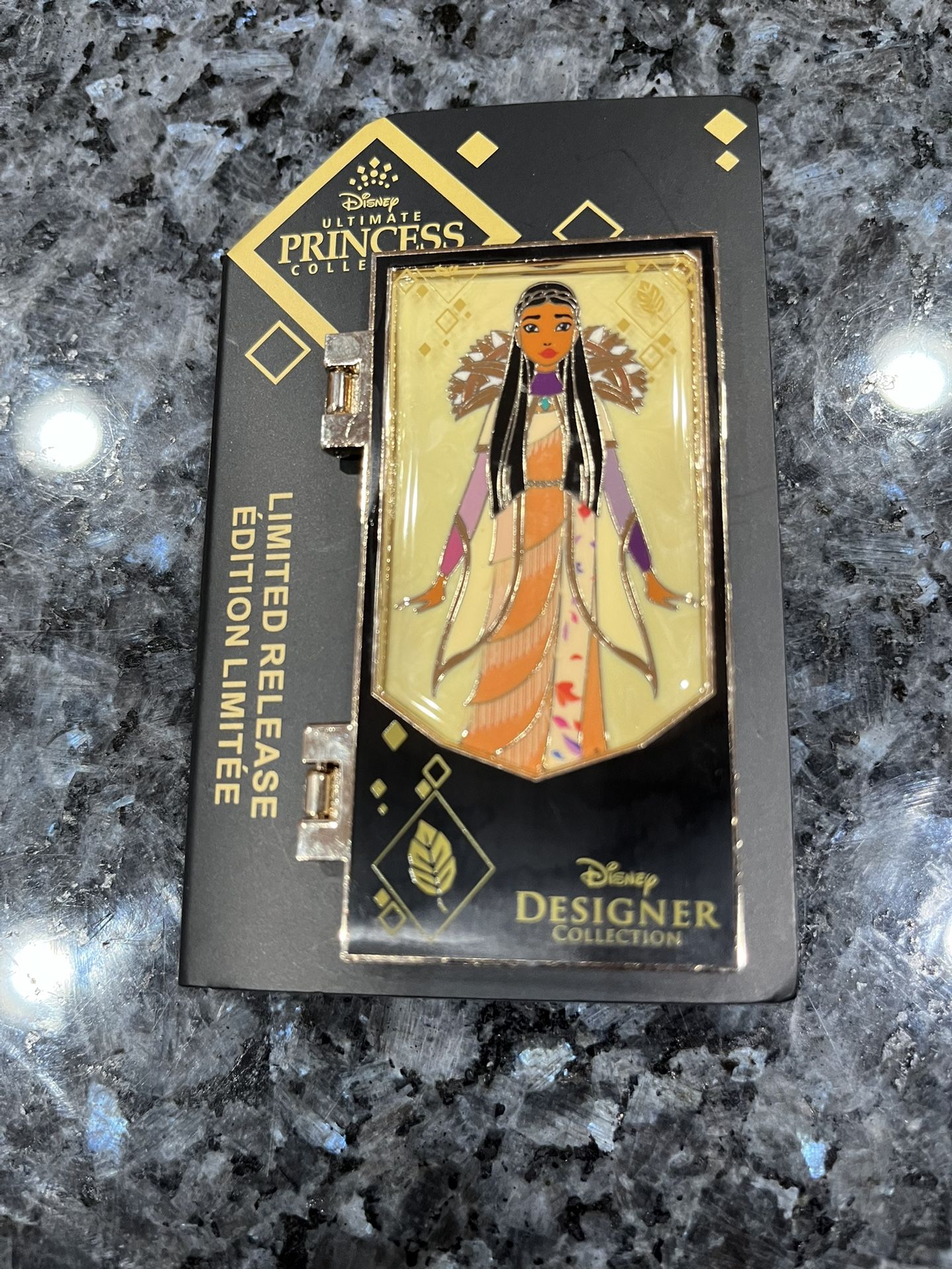 Disney Ultimate Princess Designer Collection Pocahontas Limited Release Pin. Size approximately 3 inches long and 1 3/4 wide. Brand new on original