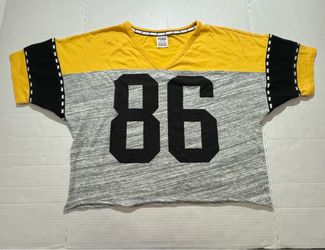 Pre Owned Good Last Photo Marks I have not tried to remove marks Victoria’s Secret PINK  Crop T Shirt Mesh Sleeves  Football # 86  Printed Yellow Gray