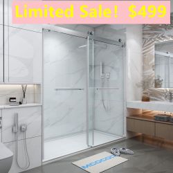 60 in x 66 in. H Single Sliding Frameless Soft Close Shower Door with 3/8 in Clear Glass