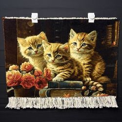 Persian Pictorial Rug Kittens Hand Knotted w/Silk Inlays 24”x16” w/Rug Hangers