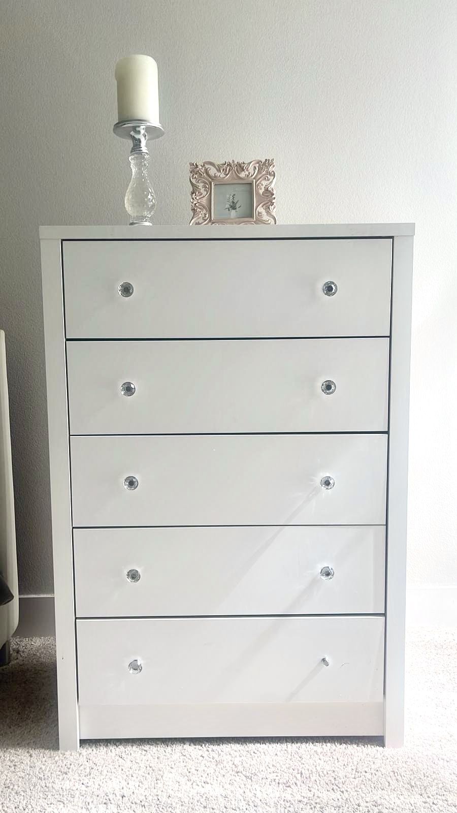 White 5-Drawer Dresser with Crystal Knobs