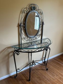 Vintage Mid-Century Modern Wrought Iron Vanity Table Glass Top Mirror Home Decor vtg rare obo