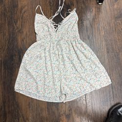 Love Tree Womens Blue With Orange Flower V Neck Sleeveless Romper Large