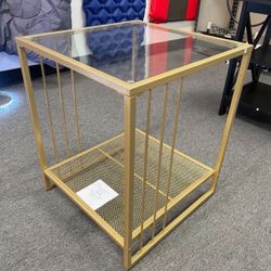 New Golden End Table with Tempered Glass Top, Square Side Table with 2-Tire Storage, Classic Accent with Metal Frame,