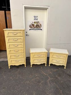 Beautiful vintage Thomasville French Provincial tall chest & pair of matching side tables