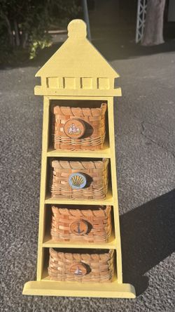 Refinished Yellow Wooden Lighthouse Shelf with Baskets
