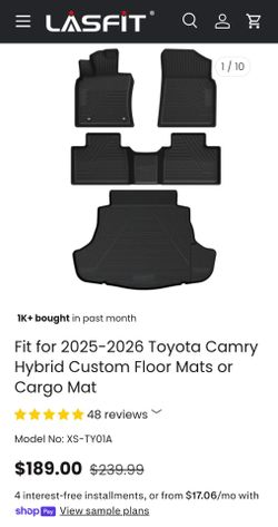 Fit for 2025-2026 Toyota Camry Hybrid Custom Floor Mats or Cargo Mat