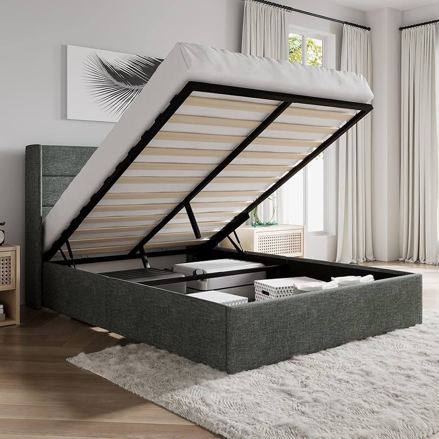 Full Size Lift Up Storage Bed/Modern Wingback Headboard/Upholstered Platform Bed Frame/Hydraulic Storage/No Box Spring Needed/Wood Slats Support/Dark