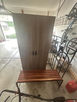 Tall Storage Wardrobe Cabinet + Wood Entry Bench