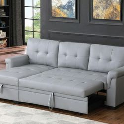 Like-New Gray Sleeper Sectional w/ Storage & Pull-Out Bed — Modern Space Saver