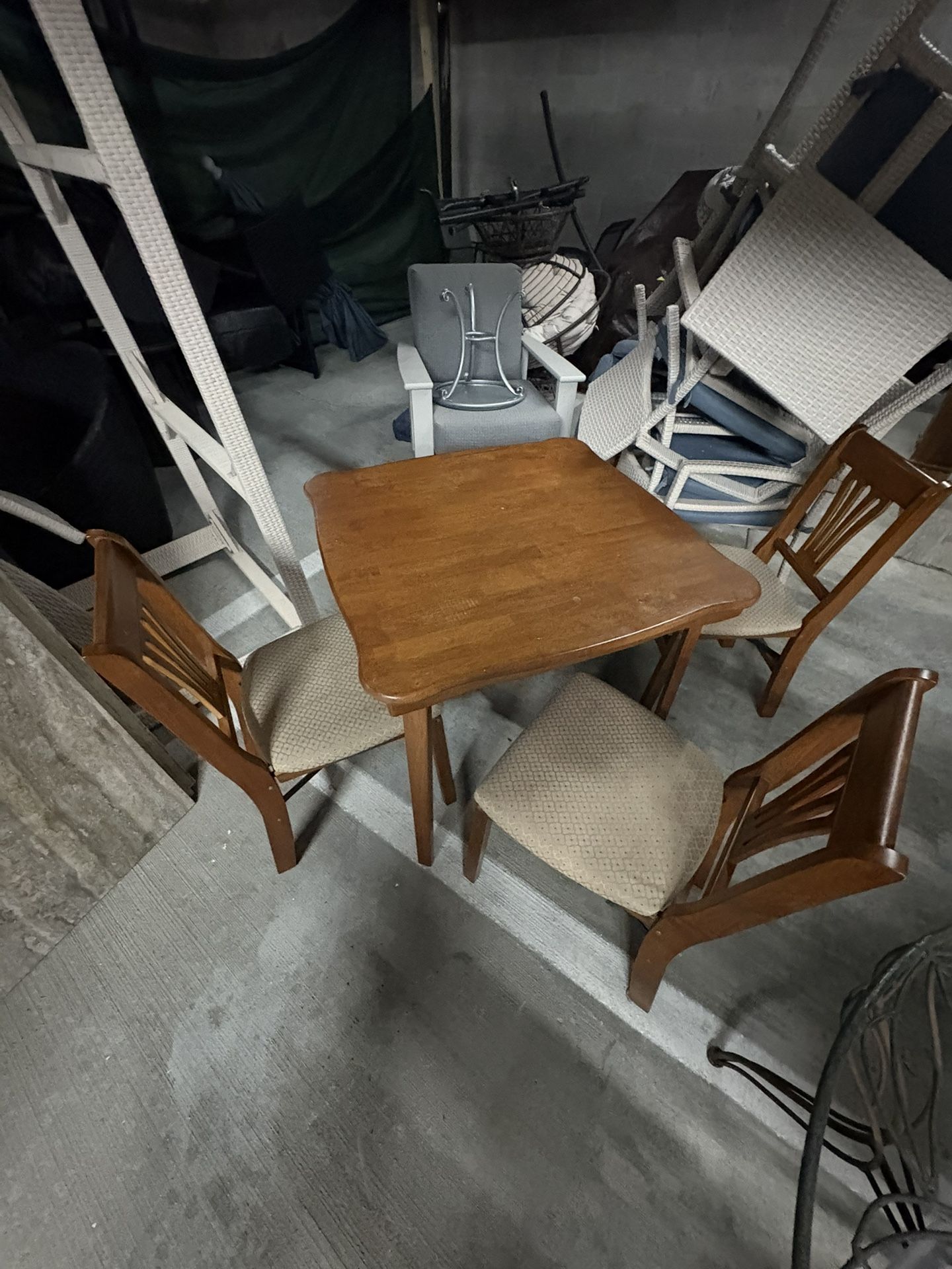 Solid Oak Wooden Folding Table & 3 Upholstered Folding Chairs
