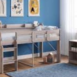 Twin Bed, Twin Loft Bed, Gray Wood, No Mattress