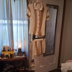 2 Piece Tan And White Button Up Outfit 