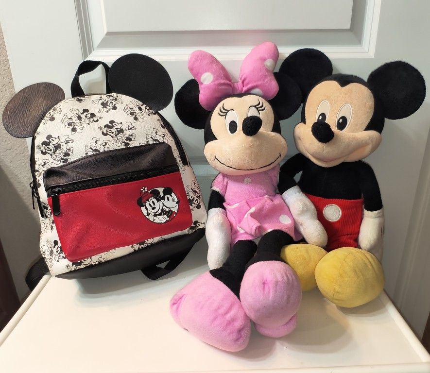 Disney Mickey & Minnie Plush Dolls + Minnie Backpack Bundle