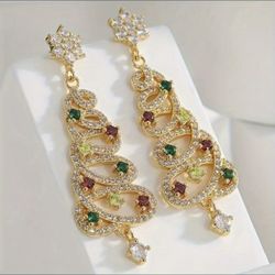 Stunning Christmas Tree Earrings Sparkling Crystal Holiday Jewelry Gift Gold 