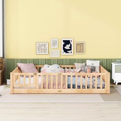 Queen Size Floor Bed with Rails, Montessori Bed Queen Size Floor Bed Frame with Fence and Door, Compatible with Girls Boys (),bed frame