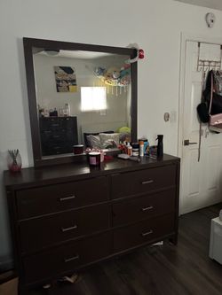 Dark Brown Wood Dresser with Mirror