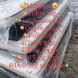 😴Mattress🥱 ✨Pillow top ✨12” inches tall 💥Queen $199 💥Full $180 💥Twin $150 💥King $330 💥Cal king $330 💥Delivery available🚛