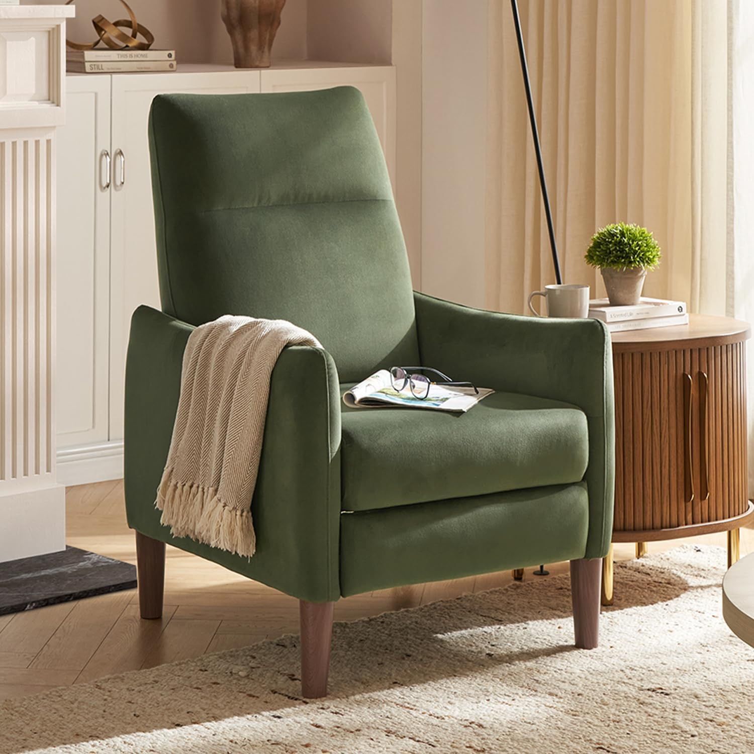 mopio Arthur Recliner Chair with 3 Positions, Accent Armchair, Mid Century Modern Reading Chair, High Back Padded Support Comfy Sleeper Armchair (Oliv
