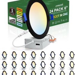 zouzai 24 Pack 6 Inch Black 5CCT Reset Ultra-Thin LED Recessed Ceiling Light with Junction Box, 2700K/3000K/3500K/4000K/5000K Selectable, 12W Eqv 110W