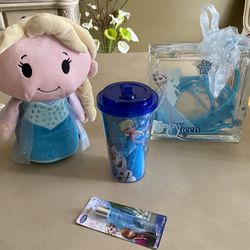 Disney Frozen Elsa Bean Plush, Cup, Roll Perfume and square Glass Decor