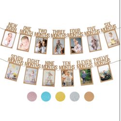 PartyHooman 1st Birthday Photo Banner for Baby from Newborn to 12 Months, First Birthday Decorations Boy or Girl Monthly Milestones Garland | 1 Year O