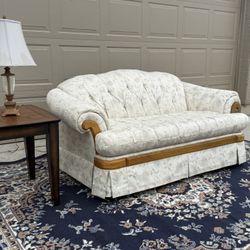  Vintage Floral Sofa – Classic Charm & Solid Wood Detail-Professionally Cleaned (Delivery Available)