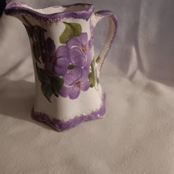 Vintage CASH FAMILY Hand Painted Pottery Pitcher Flowers Floral 7"