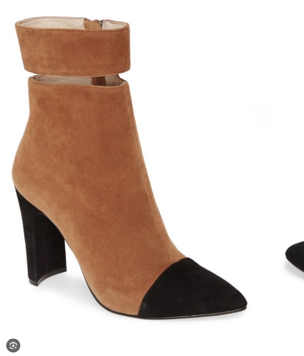 42 Gold brown suede black cap toe block heel pointed toe booties 7