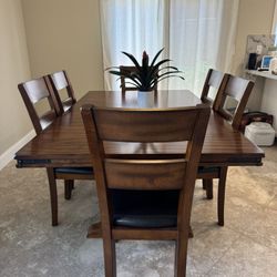 Dining Table Set 6 Chairs Extending Table Solid Wood Farmhouse Style Leather Seats 