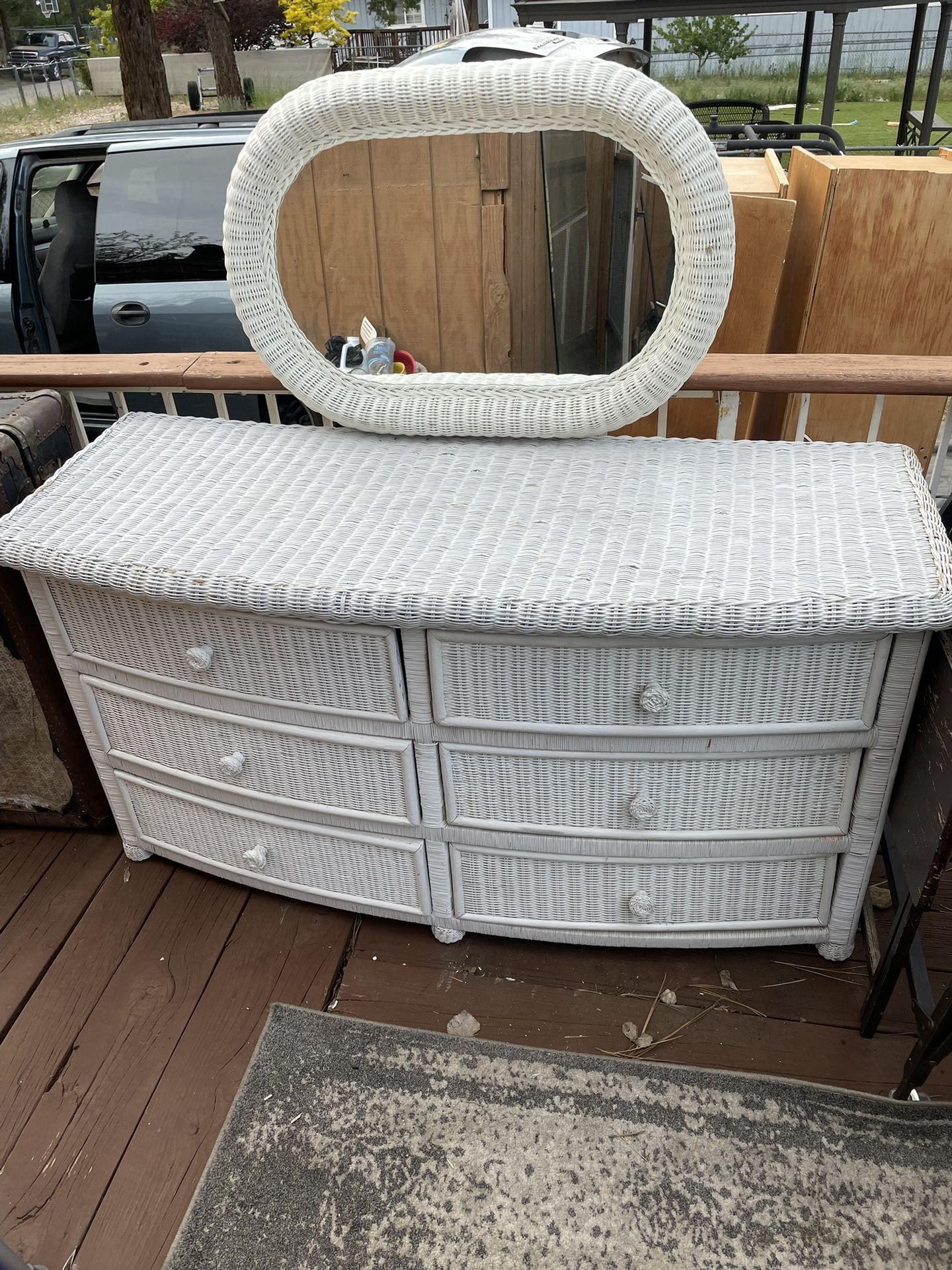 White wicker 2024 dresser with mirror