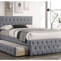 New In Box FULL BED W/TRUNDLE-LIGHT GREY BURLAP And 2 Mattresses.