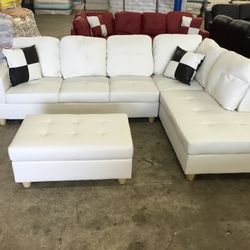 White Leather Sectional Couch And Ottoman