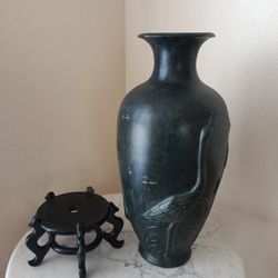 Dark Vase w Animal Drawings w Black Stand 24" tall 10" wide