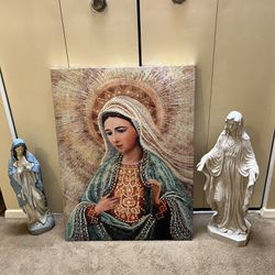 3 Pieces Virgin Marry Collection 21”H  Resin Blue Statue 32x24”rhinestone Picture 24”H Resin Statue Pickup In Gaithersburg Md20877