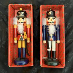 Pair Of Hand Painted Wooden Nutcracker Soldiers - 11” Tall