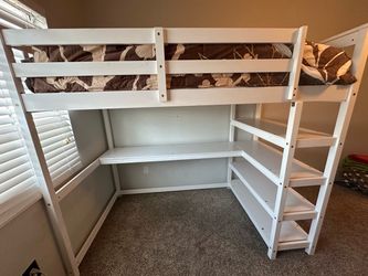 Twin Loft Bed with Desk & Shelves (White) – Merax $145 OBO