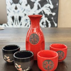 MOVE OUT SALE - Elegant Japanese Sake Set – 5-Piece Ceramic (Red & Black)