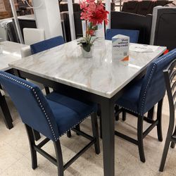 5 Pcs Dining Set Blue Velvet Chairs White Marble Table top 