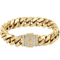 12mm/8Inches/18k Gold Iced Out Cuban Curb Link, Never Fading, No Allergies, Durable and Anti-Tarnish Urban Street-wear Hip Hop Bracelet for Men