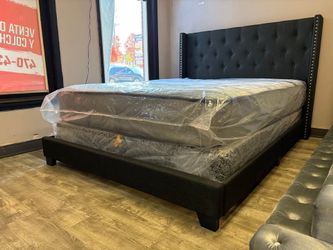 🔥 Brand New Tufted Fabric Wingback Dark Grey Bed Frame with Nailhead Trim | King & Queen | Opt Pillow Top Mattress | Pay After Delivery