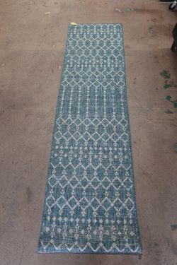 2′ x 8′ Light Gray and Teal Blue Indoor / Outdoor Area Rug