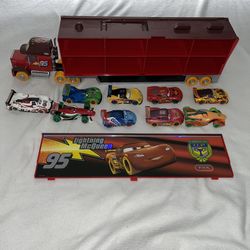 Disney Cars Carnival Mack Carrier Truck And 9 Race Cars B008