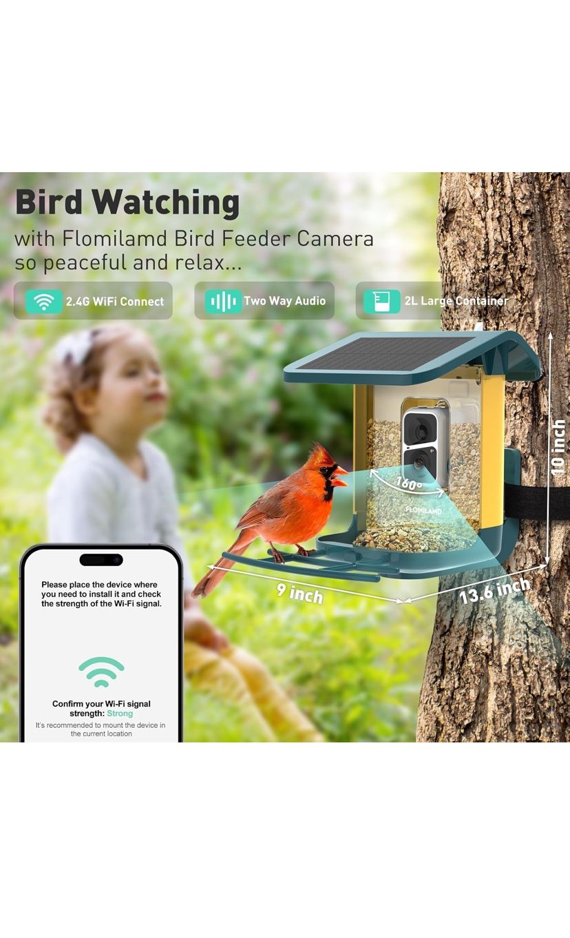 Bird Feeder with Camera,Smart AI Identify Bird Species Camera Wireless Outdoor Solar Powered, Live View 2K,Auto Capture When Motion Detected&APP Notif
