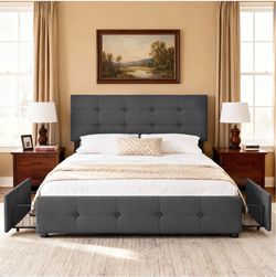 Queen bed frame 4 Storage Drawers Bed Frame Velvet Upholstered Platform Bed Adjustable Headboard