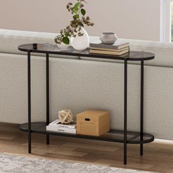 Black Glass Console Table Sofa Table with 2 Tier Storage Shelf – Open Box