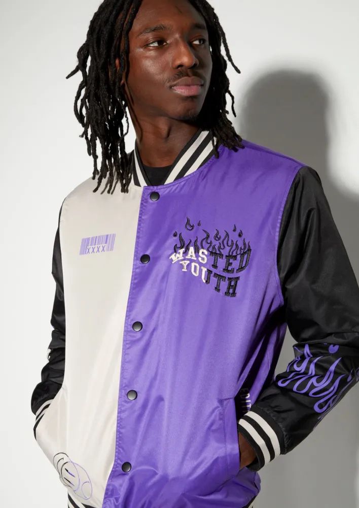 Purple Wasted Youth Graphic Bomber Jacket
