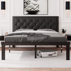 Queen Size Metal Platform Bed Frame with Faux Leather Upholstered Button Tufted Headboard, Mattress Foundation with 12” Storage, Steel Slats SupportNo