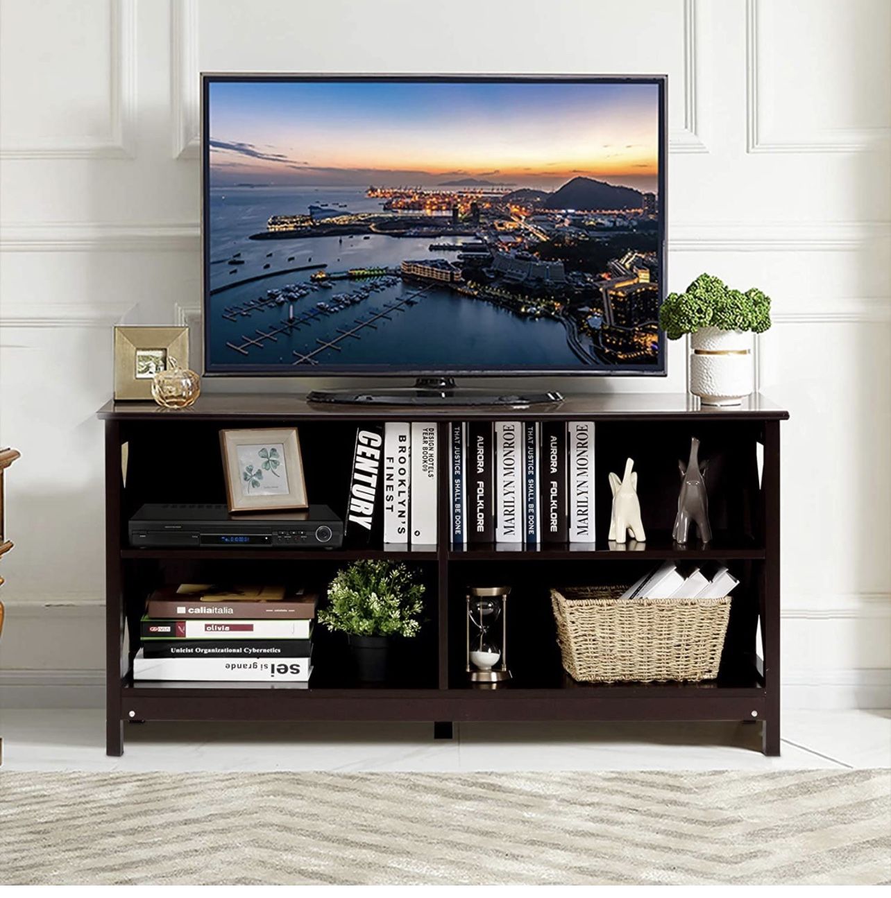 TV Stand for TVs up to 55 Inch, Farmhouse TV Console Table with 4 Open Storage Shelves, Entertainment Center Television Stand for Living Room, Bedroo